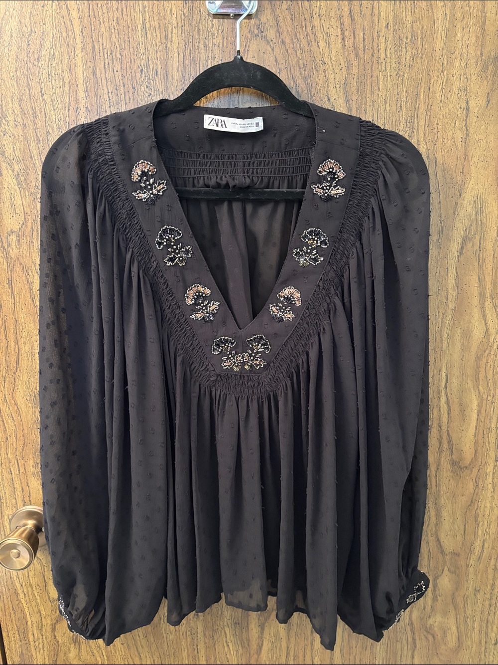 ZARA Black Embellished V-Neck Peasant Blouse with Beadwork